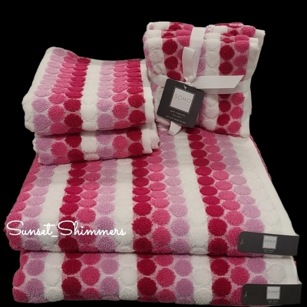 6pc Soho Living Bath Hand Tip Striped Dot Pink Ombre Towel Set New - Picture 2 of 11